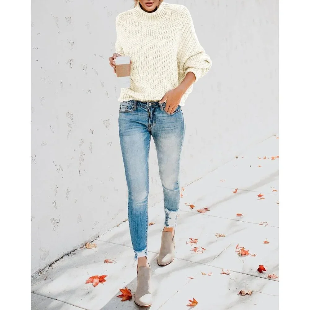 Women’s Oversized Turtleneck Sweater Chunky Knit Batwing Long Sleeve Pullover